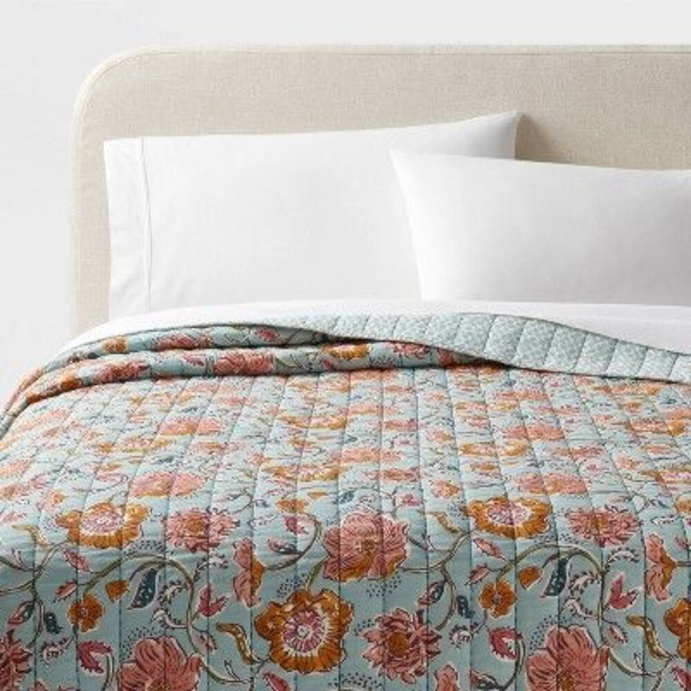 King 200TC Earthy Vines Floral Cotton Voile Quilt - Light Teal